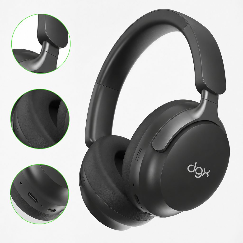 Close do headphone com detalhes em verde, a cor cadastrada na marca da loja