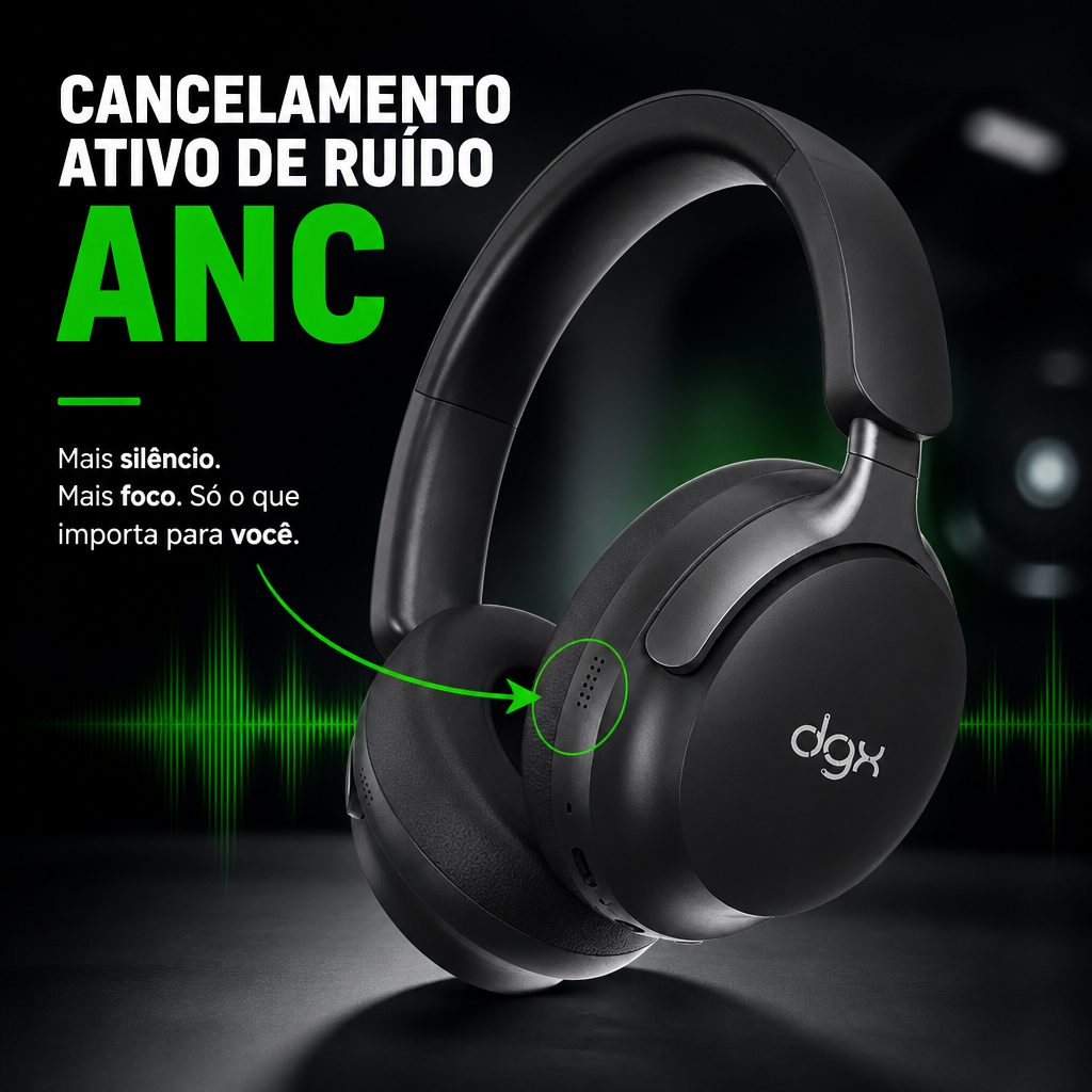 Destaque de diferencial do headphone com elementos em verde, a cor da marca da loja