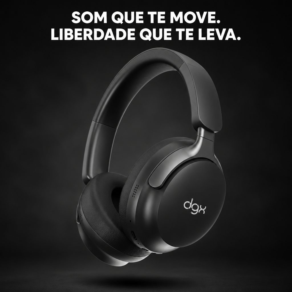 Imagem hero gerada no Keylight: headphone bluetooth preto em fundo escuro com iluminação de estúdio