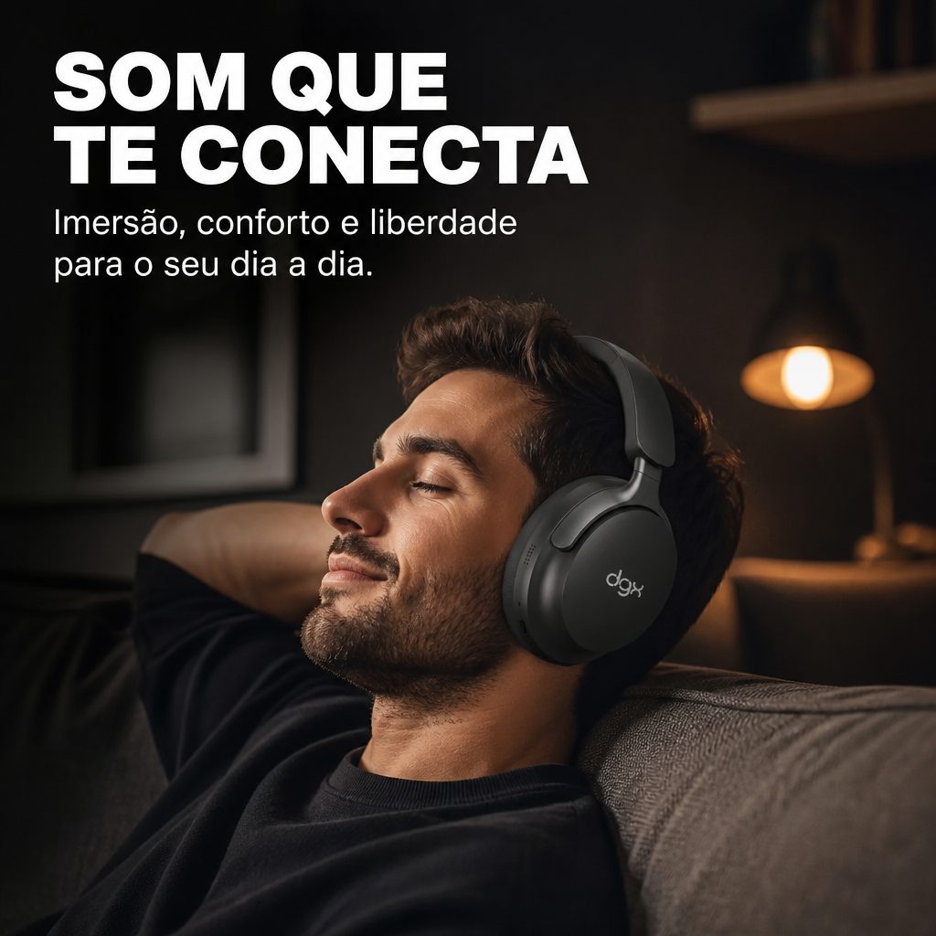 Imagem de uso real gerada no Keylight: pessoa usando o headphone